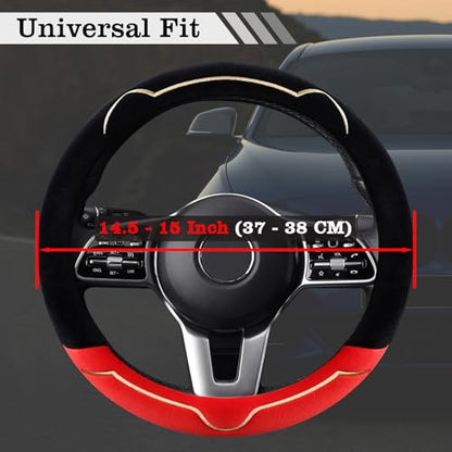 Cat Ears Plush Steering Wheel Cover,Universal 14.5-15 Inch Winter Plush Warm Steering Wheel Cover, Soft Fluffy, Anti-Slip Design, Soft Texture (Black+Red) - color: Cat Ears