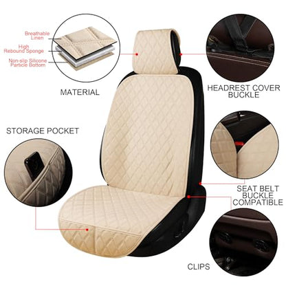 ENOGE Linen Car Seat Covers Front Seat Covers Breathable Cloth Fabric Car Seat Protector Universal Fit Most Automotive, Van, SUV, Trucks (Beige, 2 Front) - color: Linen-Beige-2