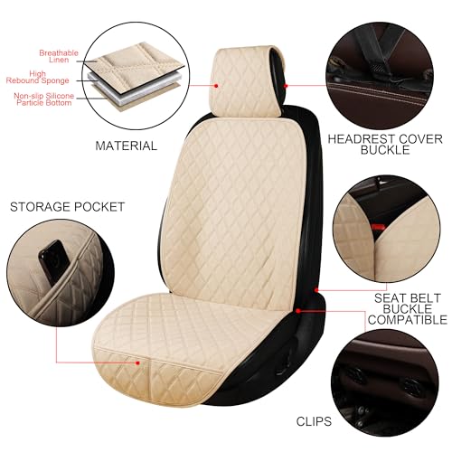 ENOGE Linen Car Seat Covers Front Seat Covers Breathable Cloth Fabric Car Seat Protector Universal Fit Most Automotive, Van, SUV, Trucks (Beige, 2 Front) - color: Linen-Beige-2