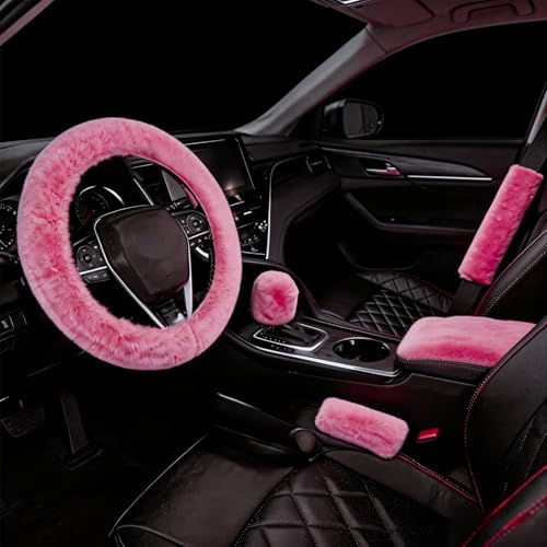 1 Set 6 Pcs Fluffy Car Steering Wheel Cover & Seat Belt Shoulder Pads & Handbrake Cover & Gear Shift Cover Set & Seat Belt Shoulder Pads Faux Wool Universal Fit Car Interior Accessories (Pink) - color: Pink