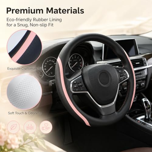 Steering Wheel Cover Black Pink, Leather Car Steering Wheel Covers with Coasters Universal 14.5-15 inch Microfiber Breathable Anti-Slip Steering Wheel Accessories Set - color: Pink, size: Medium