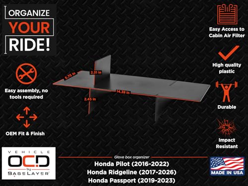 Vehicle OCD - Glove Box Organizer for Honda Pilot (2016-2022) / Ridgeline (2017-2026) / Passport (2019-2023) - Made in USA - SLX146 - size: 2016-2023, style: Glove Box Organizer