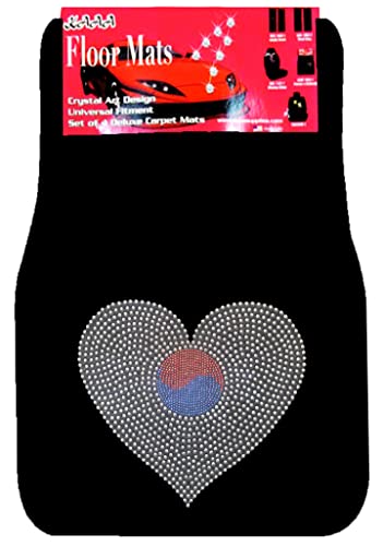 Universal Fit Front/Rear 4-Piece Full Set Crystal Bling Rhinestone Design Studded Black Carpet Floor Mats (Korea Heart/Black) - color: Korea Heart/Black