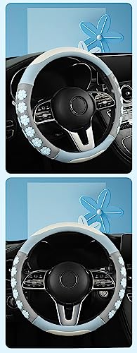 Car Steering Wheel Cover for Women Cute Flower Blue Steering Wheel Cover Leather Non-Slip Fit 15 inch - color: Blue