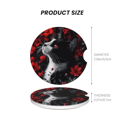 Absorbent Ceramic Car Coasters for Cup Holders, Black Cat Red Flower Design 2.56" Anti Slip Universal Drink Cup Coasters for Women Men (2 Pack) - color: Black Cat Red Flower