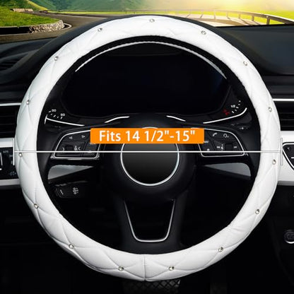 KAFEEK Diamond Soft Leather Steering Wheel Cover with Bling Bling Crystal Rhinestones, Universal 15 inch, Pure White - color: White, size: Medium(Standard) Size[14.5"-15"]