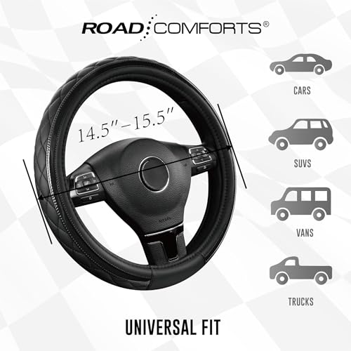 Road Comforts Leather Steering Wheel Cover – Black & Black, Universal Fit 14.5-15 Inch, Microfiber Leather, Anti-Slip & Breathable Design for Men and Women - color: Black