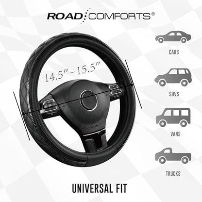 Road Comforts Leather Steering Wheel Cover – Black & Black, Universal Fit 14.5-15 Inch, Microfiber Leather, Anti-Slip & Breathable Design for Men and Women - color: Black