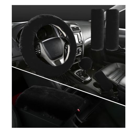 Ohleats 6 PCS Fluffy Steering Wheel Covers Set, 15'' Furry Car Wheel Cover, Soft Gear Shift & Handbrake Cover, Center Console & Seat Belt Shoulder Pads for Women, Car Accessories (Black) - color: Black