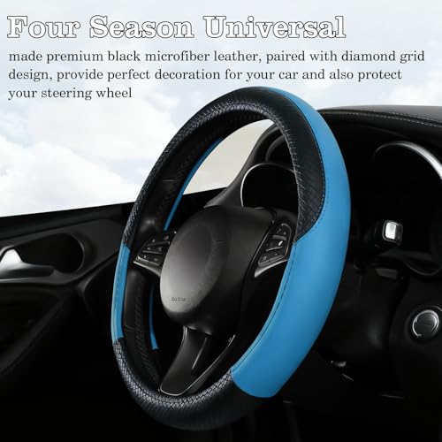 Black & Blue Car Steering Wheel Cover, Microfiber, Leather Patchwork, Universal 14.5-15 Inch Leather Anti-Slip Breathable Auto Steering Wheel Covers for Men Women - color: Black & Blue