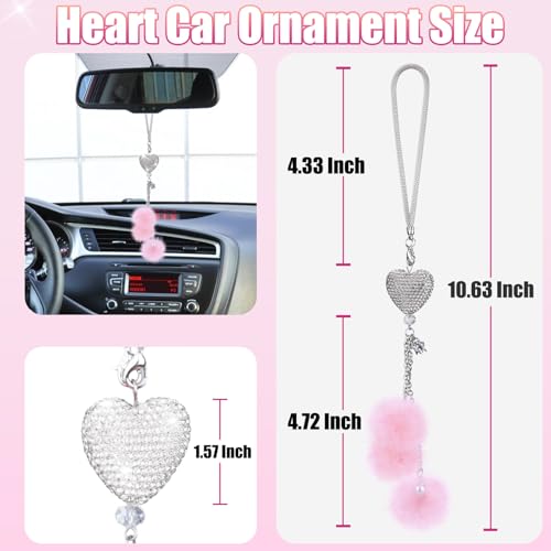 Bling Car Hanging Ornament, Bling Car Mirror Accessories for Women, Diamond Heart and Fuzzy Plush Ball, Car Accessories Hanging, Rear View Mirror Hanging Charm Pendant (White Heart, Pink Fluff)