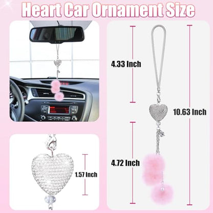 Bling Car Hanging Ornament, Bling Car Mirror Accessories for Women, Diamond Heart and Fuzzy Plush Ball, Car Accessories Hanging, Rear View Mirror Hanging Charm Pendant (White Heart, Pink Fluff)