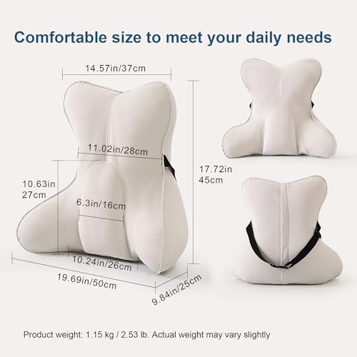 Lumbar Support Pillow(Pat. Pend) – Multi-Functional Ergonomic Back Cushion for Sofa Chair, Car Seat & Sofa, Reading Pillow with Firm Multi-Zone Support to Relieve Lower Back Pain, Misty White