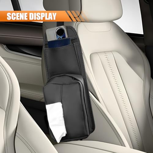 Car Seat Side Organizer, Waterproof Leather Car Tissue Holder, 2 in 1 Multifunctional Mesh Net Pocket for Phone Wallet, Universal Vehicle Hanging Storage Box for Cars, SUVs, Trucks (Black)