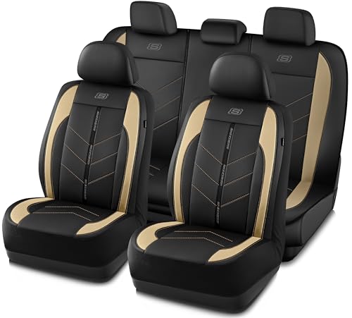 Skechers Car Seat Covers,Luxury Faux Leather Seat Covers,Waterproof Anti Slip Car Seat ProtectorFull Set,Car Accessories Airbag Universal Fit for Most Cars,Vans,Trucks,SUV,Beige