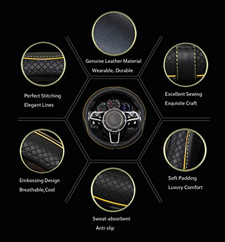 Gomass Car Steering Wheel Cover, Anti-Slip, Safety, Soft, Breathable, Heavy Duty, Thick, Full Surround, Sports Style (Black with Yellow Line) - color: Black with Yellow Line