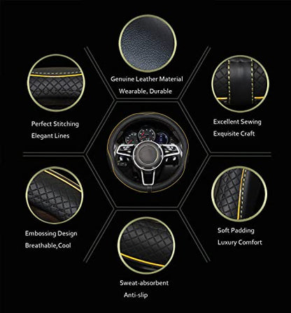 Gomass Car Steering Wheel Cover, Anti-Slip, Safety, Soft, Breathable, Heavy Duty, Thick, Full Surround, Sports Style (Black with Yellow Line) - color: Black with Yellow Line