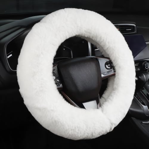 Fuzzy Fluffy Steering Wheel Cover - Warm Soft Plush Material, Universal Fit for 14-15 Inch Steering Wheels, 5 Colors - Cute Girly Car Accessory for Women, Men, Girls, Adults (White) - color: White