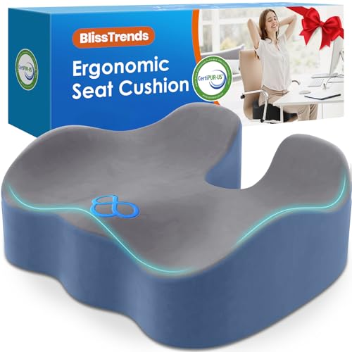 BlissTrends Seat Cushion,5.2in Thick Memory Foam Cushions for Office Chair, Car Seat, Airplane, Relieving Pressure Tailbone Sciatica Back Pain for Long Sitting Office Workers, Car Drivers Gery&Blue - color: Grey&blue, size: X-Large
