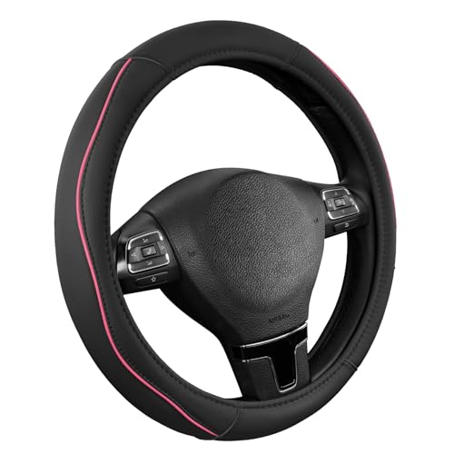 Road Comforts Leather Steering Wheel Cover with Decorative Trim and Piping, Anti-Slip Breathable Design, Fits 14.5–15 Inch Round Steering Wheels, Snug Fit, Stylish Interior Upgrade - Pink - color: Pink
