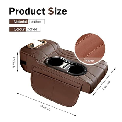 Car Armrest Cushion, Exquisite Embroidered Lines 4-in-1 Car Center Console Organizer Pad with Tissue Box, Cup Holder, 2 Storage Bags, Universal for Most Cars (Coffee)