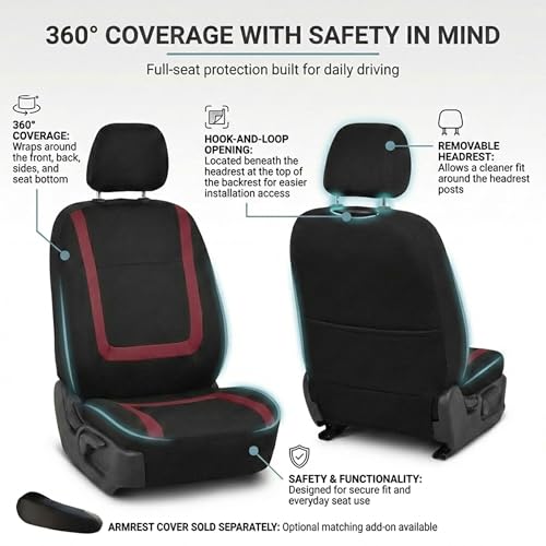 FH Group Car Seat Covers Unique Flat Cloth Full Set Automotive Seat Covers Front Set and Rear Solid Bench Burgundy Black Seat Covers w. Gift Universal Fit Interior Accessories for Cars Trucks and SUVs - color: burgundy