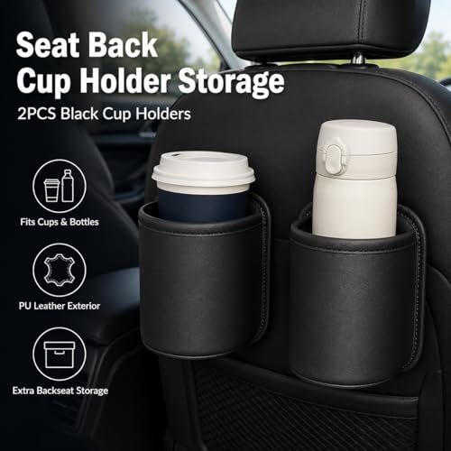 2 Pack Extra Cup Holder for Car, Clip-On Car Door Cup Holder Organizer, PU Leather Car Drink Holder for Small Bottle Coffee Cup Phone Keys Cards, Automotive Seat Pocket Storage, Black