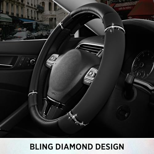 Road Comfort Leather Steering Wheel Cover – Premium Anti-Slip Car Steering Wheel Grip Cover – Universal Fit for 14.5”–15” Cars, Trucks & SUVs - Black - color: Black