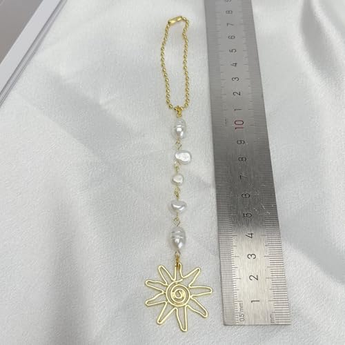 Sun Hanging Car Charm,Green and Gold Rear View Mirror Accessories Cute Boho Dangling Sun Car Decor Handmade Healing Crystals Stones Ornament Gifts for Women Men (White Pearl)