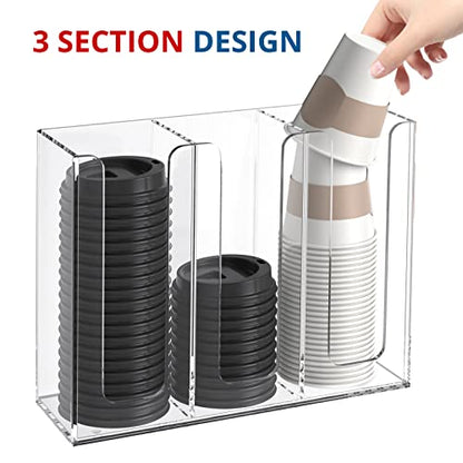 Acrylic Cup and Lid Holder, 3 Compartment, Disposable Coffee Cup Dispenser Cup Storage Organizer, Clear - color: Clear