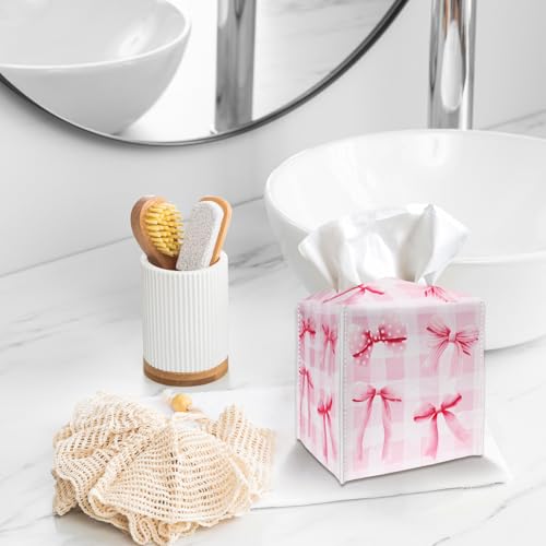 Tissue Box Cover Holder - Pink Bows Checkerboard PU Leather Tissue Box Cover with Bottom Belt, Square Facial Paper Organizer for Tabletop, Bathroom, Kitchen, Car & Office -046 - color: Pink Bows