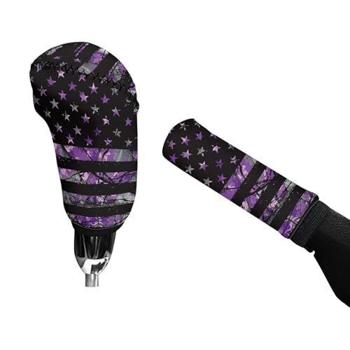 American Flag Car Interior Accessiores for Women Men Purple Camo Hunting Auto Gear Shift Knob Cover Handbrake Cover Set Non-Slip Auto Accessory Fits Most Cars Sedan SUV Van Truck - color: American Flag Purple Camo Hunting
