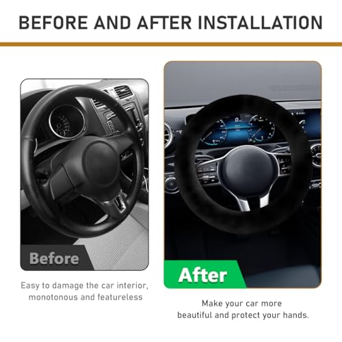 Ohleats 6 PCS Fluffy Steering Wheel Covers Set, 15'' Furry Car Wheel Cover, Soft Gear Shift & Handbrake Cover, Center Console & Seat Belt Shoulder Pads for Women, Car Accessories (Black) - color: Black