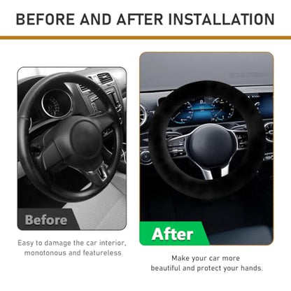 Ohleats 6 PCS Fluffy Steering Wheel Covers Set, 15'' Furry Car Wheel Cover, Soft Gear Shift & Handbrake Cover, Center Console & Seat Belt Shoulder Pads for Women, Car Accessories (Black) - color: Black