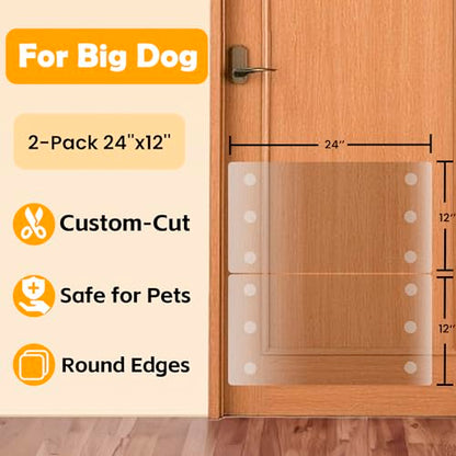 Dog Door Scratch Protector 2-Pack 24x12 — 1/8" Thick Clear PVC Guard for Large Dogs, Paint-Safe 3M Adhesive, Noise-Reducing Heavy Duty Shield for Sliding Glass French Doors Walls & Furniture