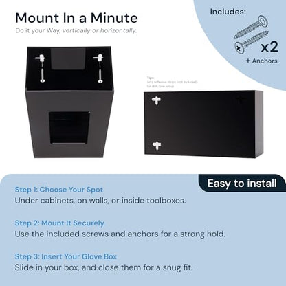 Black Glove Box Holder Wall Mount - Acrylic Disposable Glove Dispenser - Side Loading Rack for Nitrile & Latex Gloves - Organizer Container for Kitchen, Garage, Lab (Single)