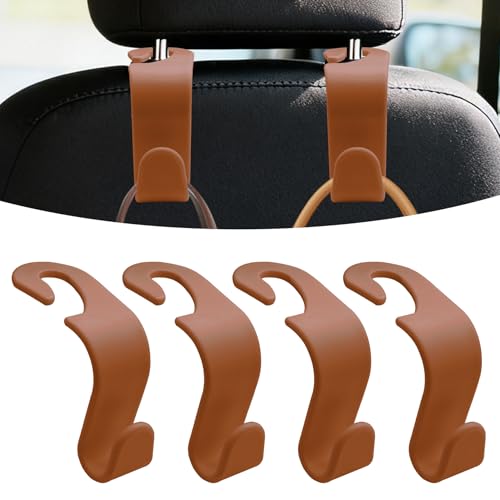 4PCS Car Seat Headrest Hooks, Purse Hook for Car, Auto Back Seat Organizer Storage Hanger Holder, Auto Accessories Multi-Use Portable Headrest Organizer Holder for Purse Handbag Coats (Brown) - color: Brown