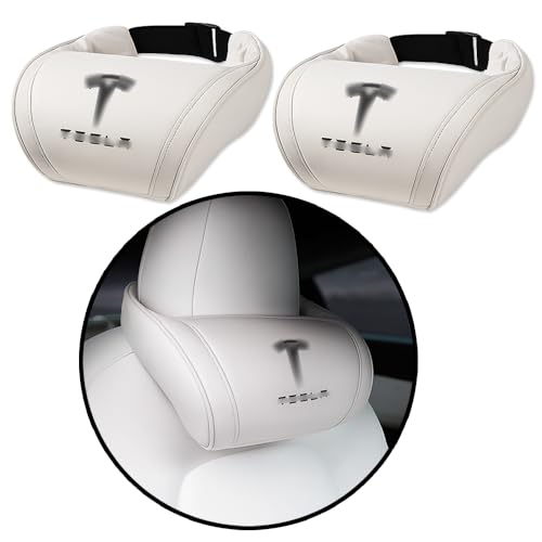 Car Headrest Neck Pillow Support Ergonomic, with Valve Stem Covers Accessory for Driving Seat Fatigue Relief Compatible with Model S X 3 Y & Cybertruck - 2 Pieces - color: B. White Ver. 3