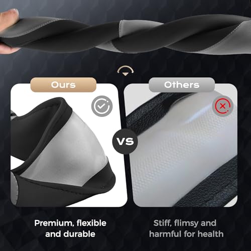 Coverado Car Steering Wheel Cover, Nappa Leather Black & Gray Steering Wheel Covers, Universal 14-15 inch, Anti-Slip, Breathable Steering Wheel Protector for Women Men - color: B-BlackGray