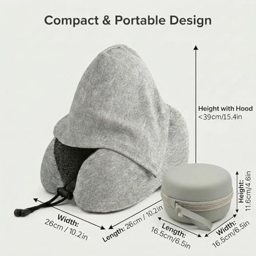 Portable Travel Neck Pillow with Hood and Storage Case, Memory Foam Airplane Pillow for Long Flights, Adjustable Chin Support & Removable Washable Cover for Car, Office, Train, Gift for Men and Women