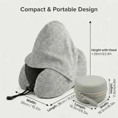 Portable Travel Neck Pillow with Hood and Storage Case, Memory Foam Airplane Pillow for Long Flights, Adjustable Chin Support & Removable Washable Cover for Car, Office, Train, Gift for Men and Women