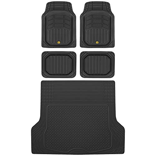 BDK Cat® CAMT-9014 (4-Piece) Large Deep Dish Rubber Car Floor Mats with Trunk Cargo Liner, Universal Trim to Fit Front & Rear Combo Set for Car Sedan SUV Van, Heavy Duty All Weather - color: Black