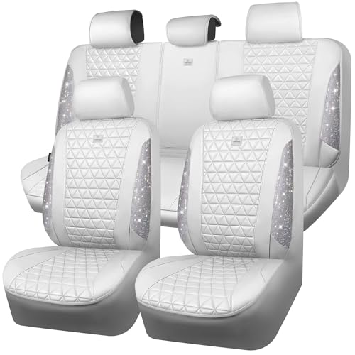 CAR PASS All White Bling Diamond Leather Car Seat Covers Full Sets,Waterproof Shining Glitter Sparkly Crystal Universal Fit for Automotive Truck SUV Cute Women Girl Airbag Compatable,Sliver Rhinestone - color: All White Rhinestone, size: Full Set