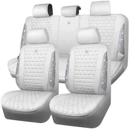 CAR PASS All White Bling Diamond Leather Car Seat Covers Full Sets,Waterproof Shining Glitter Sparkly Crystal Universal Fit for Automotive Truck SUV Cute Women Girl Airbag Compatable,Sliver Rhinestone - color: All White Rhinestone, size: Full Set