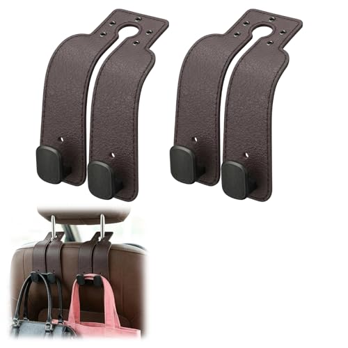 2Pcs Headrest Hooks for Car, Car Purse Hook, Double Leather Car Seat Back Storage Hook for Handbags Purses Bags (Brown)