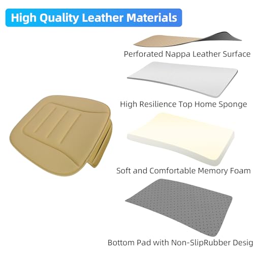 KAYI Car Seat Cushion, Comfort Memory Foam Car Cushions for Driving, Breathable Leather Surface with Anti Slip Rubber Bottom, Seat Cushion for Car and Office Chair (1 Pack, Beige)
