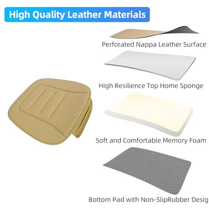 KAYI Car Seat Cushion, Comfort Memory Foam Car Cushions for Driving, Breathable Leather Surface with Anti Slip Rubber Bottom, Seat Cushion for Car and Office Chair (1 Pack, Beige)