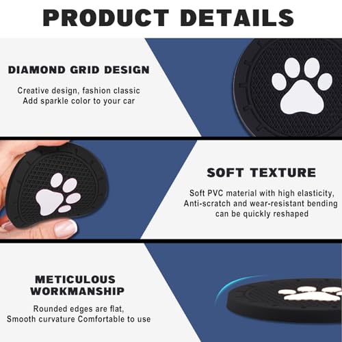 4 Pack Car Cup Holder Coasters, Dog Paw Insert Car Cup Coaster, 2.75 Inch Anti Slip Shockproof Embedded Drink Mat, Vehicle Interior Decor Accessories (Black)