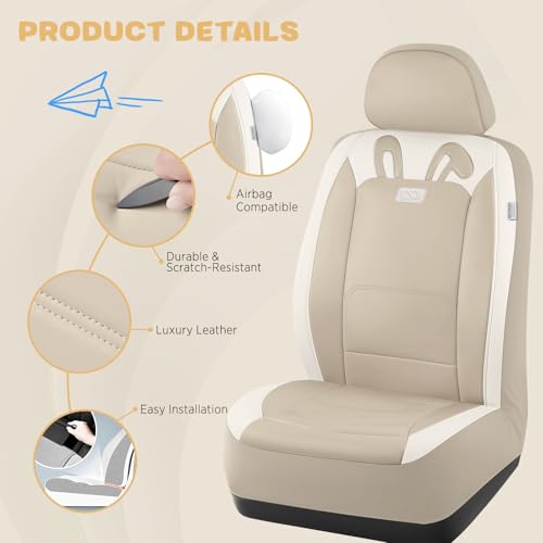 PIC AUTO Car Seat Covers, Cute Rabbit Premium Beige Leather Seat Covers, Universal Fit Front Seat Covers for Cars, Trucks, SUVs, Soft & Wear-Resistant Auto Interior Protection with Airbag-Compatible - color: Beige