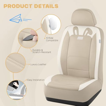 PIC AUTO Car Seat Covers, Cute Rabbit Premium Beige Leather Seat Covers, Universal Fit Front Seat Covers for Cars, Trucks, SUVs, Soft & Wear-Resistant Auto Interior Protection with Airbag-Compatible - color: Beige